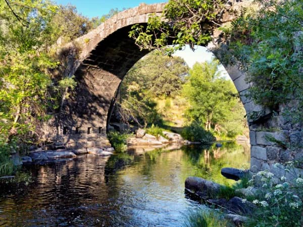Puente de piedra de arco sobre un río tranquilo, rodeado de vegetación frondosa y reflejos del paisaje en el agua.