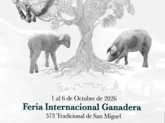 Cartel de la Feria Internacional Ganadera de Zafra, del 1 al 6 de octubre de 2026, con ilustraciones de un toro, un caballo, un cordero y un cerdo alrededor de un árbol central.