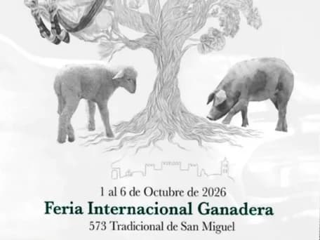 Cartel de la Feria Internacional Ganadera de Zafra, del 1 al 6 de octubre de 2026, con ilustraciones de un toro, un caballo, un cordero y un cerdo alrededor de un árbol central.