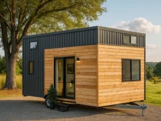 Tiny house moderna sobre ruedas en entorno natural según normativa mobil home.
