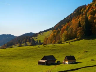 Paisaje rural con casas de campo y pradera verde en entorno de montaña.