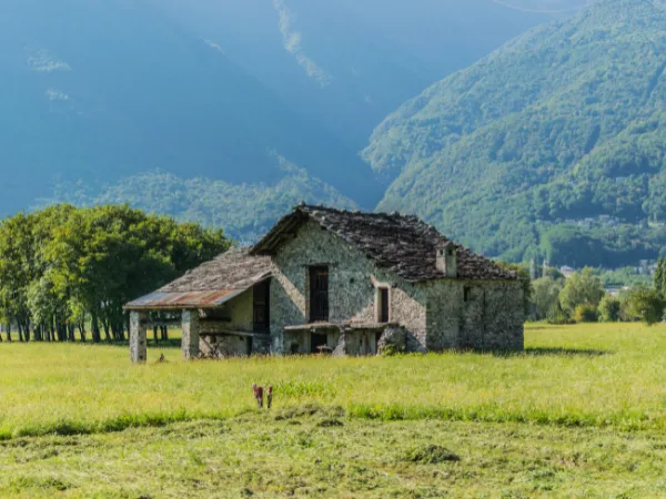 Casa rústica en entorno montañoso rodeada de naturaleza.