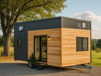 Tiny house moderna sobre ruedas en entorno natural según normativa mobil home.