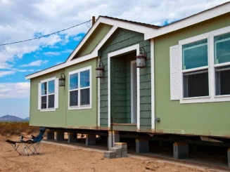 Casa pré-fabricada em um terreno rústico.