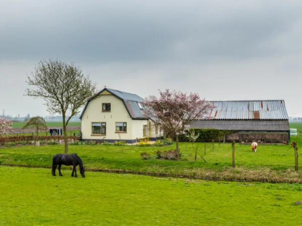 Casa com estábulo e cavalos num terreno rústico.