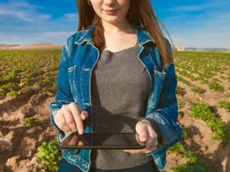 Agricultora a usar uma tablet no campo, representando a aplicação da tecnologia no campo.